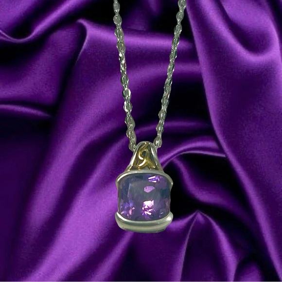 Sterling Silver & 14k Yellow Gold Amethyst Necklace 18”. - Picture 1 of 5